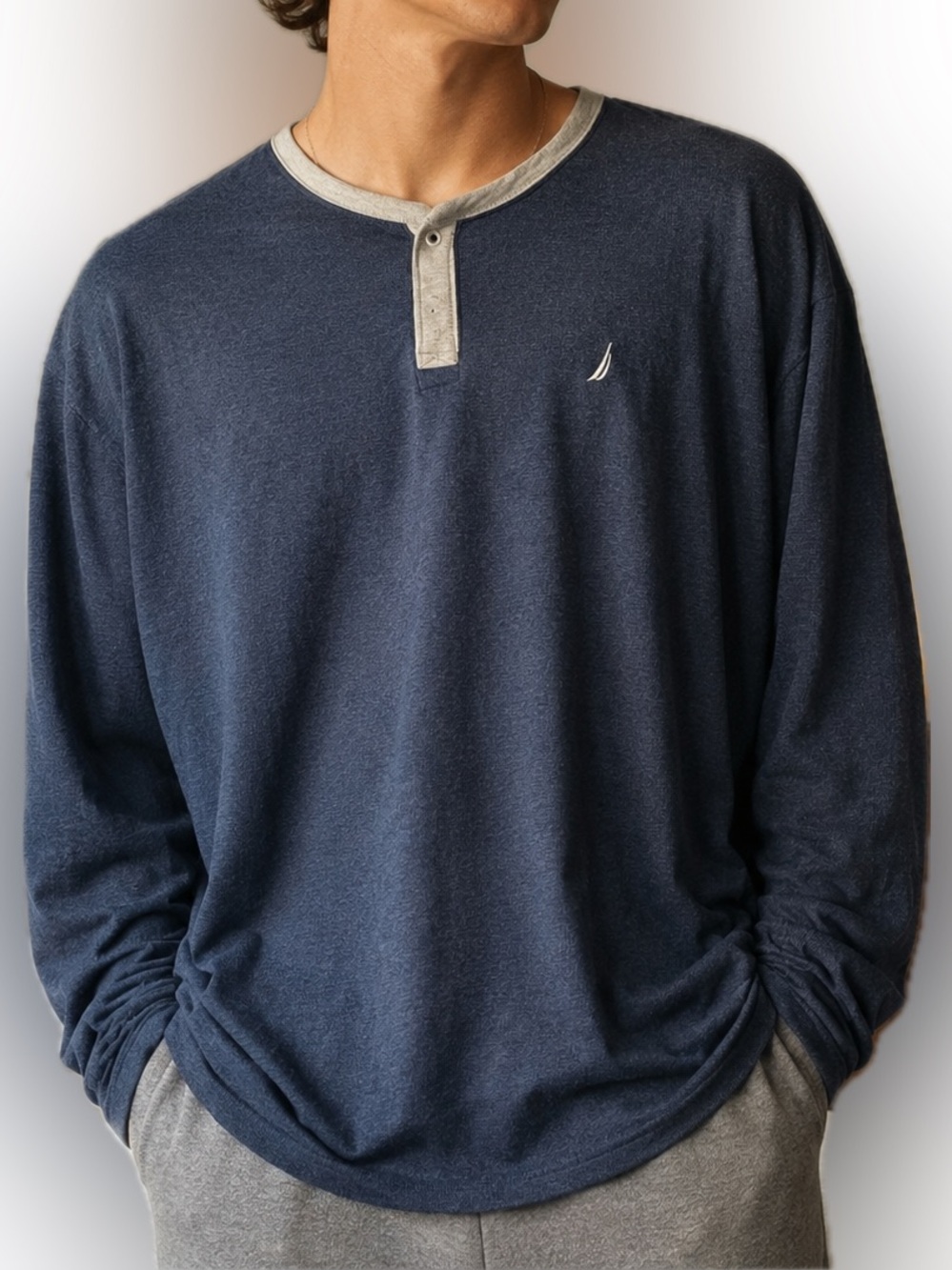 Nautica Oversized Lounge Top Navy Gray Cotton Blend Henley Waffle Knit Menswear